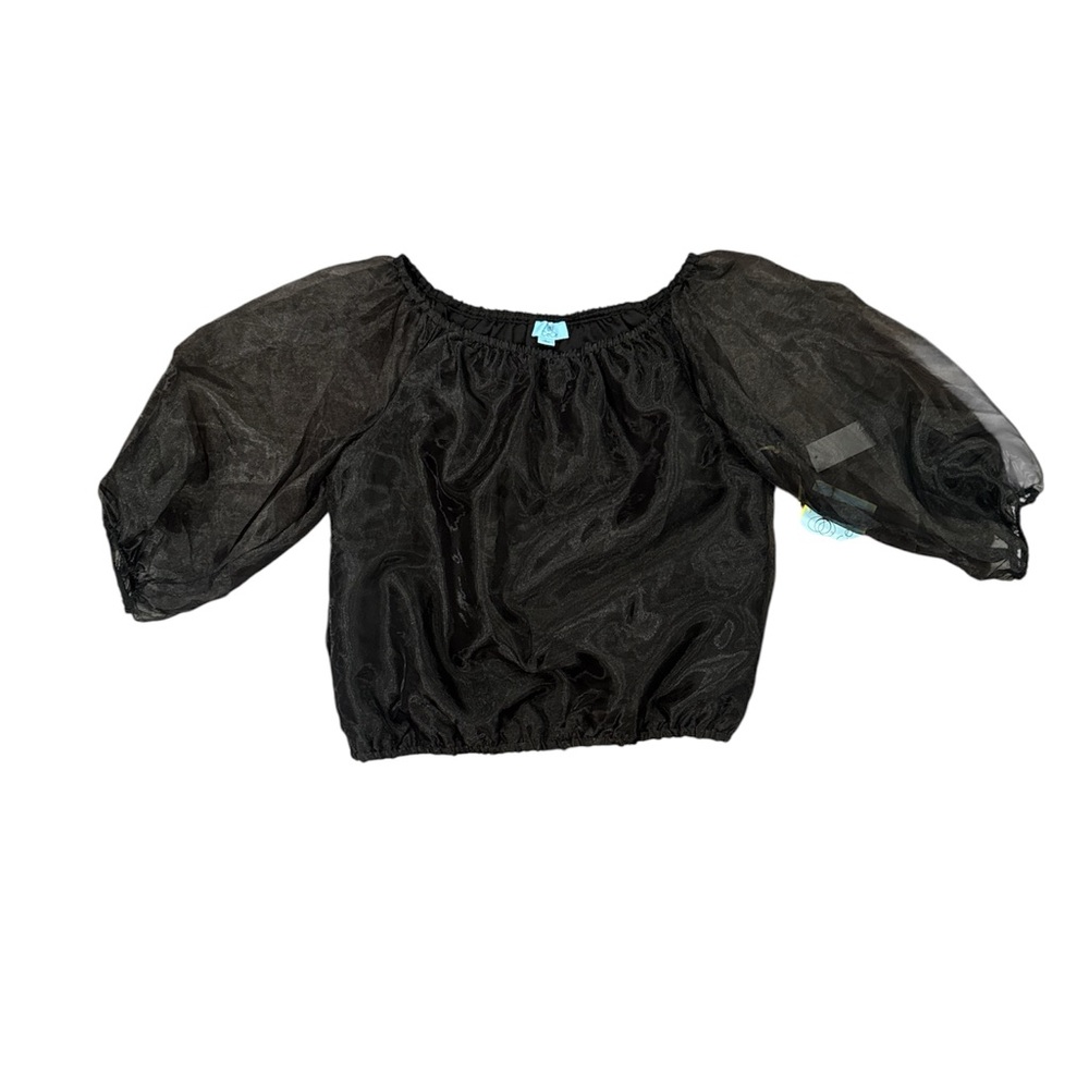 CeCe Black Sheer Puff Sleeve Blouse NWT Size L